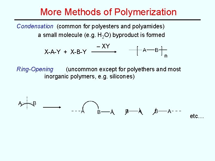 More Methods of Polymerization Condensation (common for polyesters and polyamides) a small molecule (e.