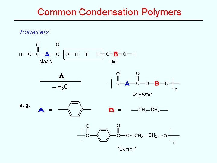 Common Condensation Polymers Polyesters + diacid diol – H 2 O polyester e. g. Common Condensation Polymers Polyesters + diacid diol – H 2 O polyester e. g.