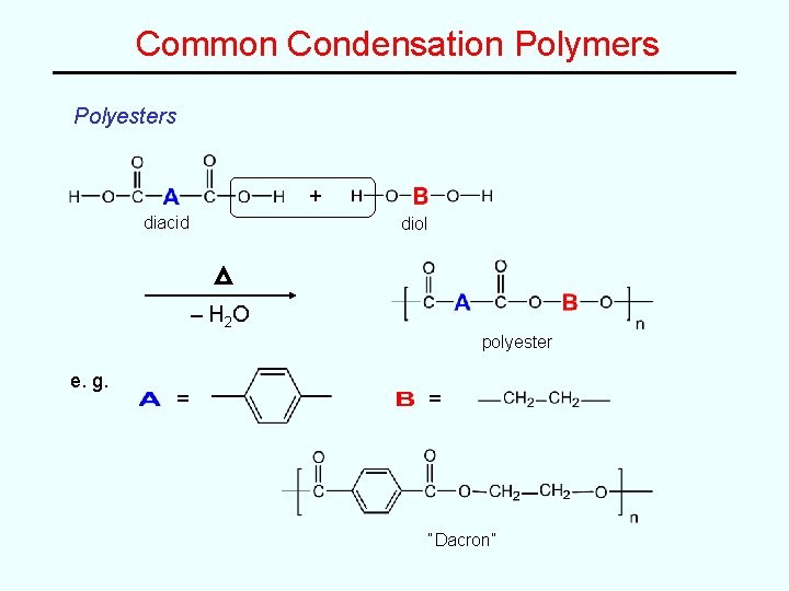 Common Condensation Polymers Polyesters + diacid diol – H 2 O polyester e. g.