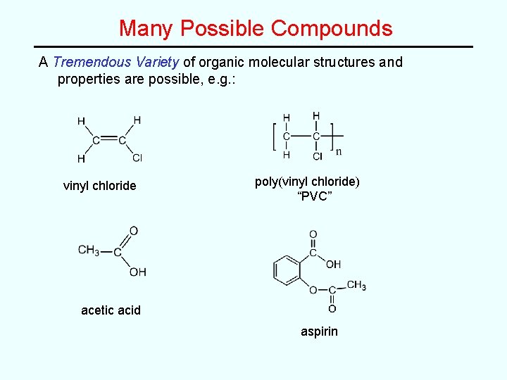 Many Possible Compounds A Tremendous Variety of organic molecular structures and properties are possible,