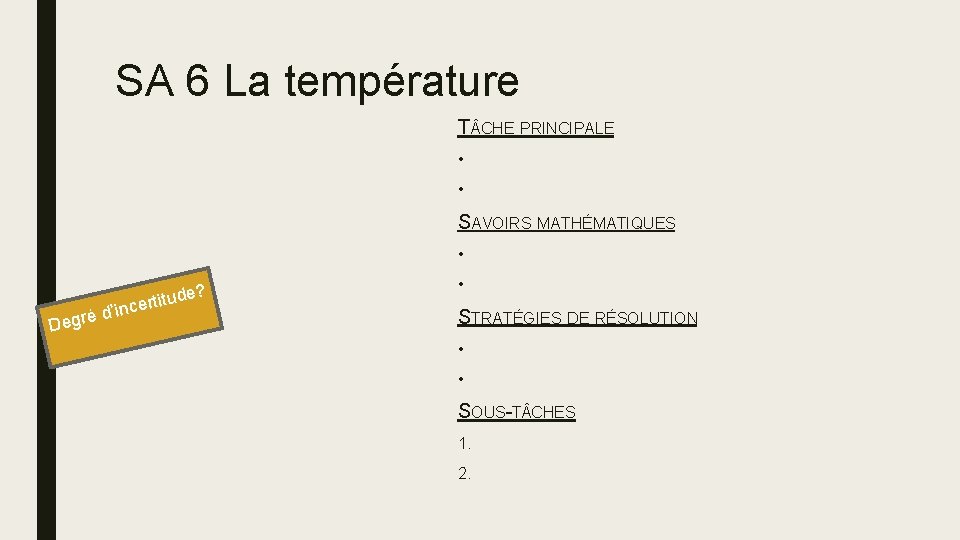 SA 6 La température T CHE PRINCIPALE • • SAVOIRS MATHÉMATIQUES • Deg de?