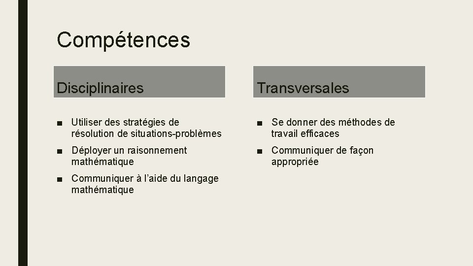 Compétences Disciplinaires Transversales ■ Utiliser des stratégies de résolution de situations-problèmes ■ Se donner