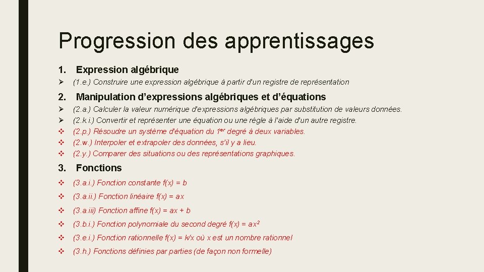 Progression des apprentissages 1. Ø 2. Ø Ø v v v 3. Expression algébrique