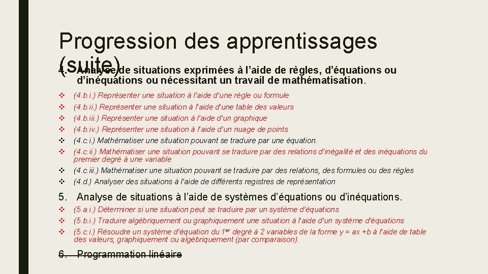 Progression des apprentissages (suite) 4. Analyse de situations exprimées à l’aide de règles, d’équations