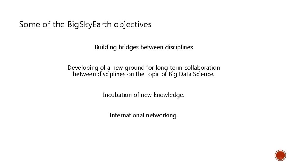 Some of the Big. Sky. Earth objectives Building bridges between disciplines Developing of a