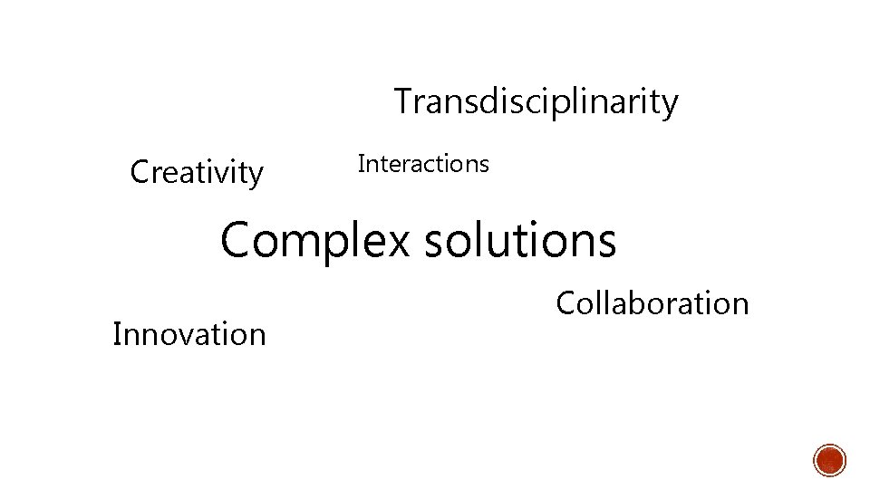 Transdisciplinarity Creativity Interactions Complex solutions Innovation Collaboration 