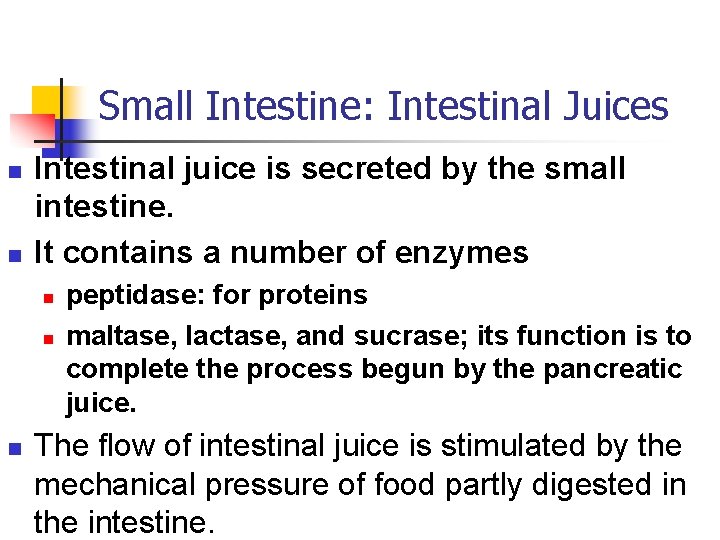 Small Intestine: Intestinal Juices n n Intestinal juice is secreted by the small intestine.