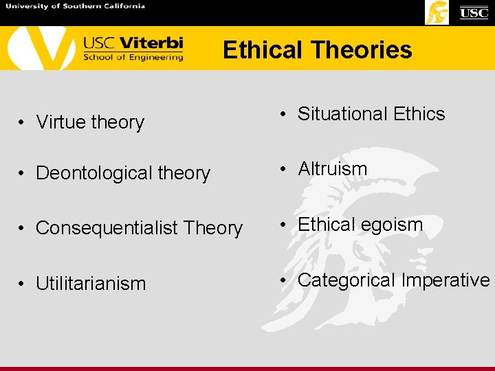 Ethical Theories • Virtue theory • Situational Ethics • Deontological theory • Altruism • Ethical Theories • Virtue theory • Situational Ethics • Deontological theory • Altruism •
