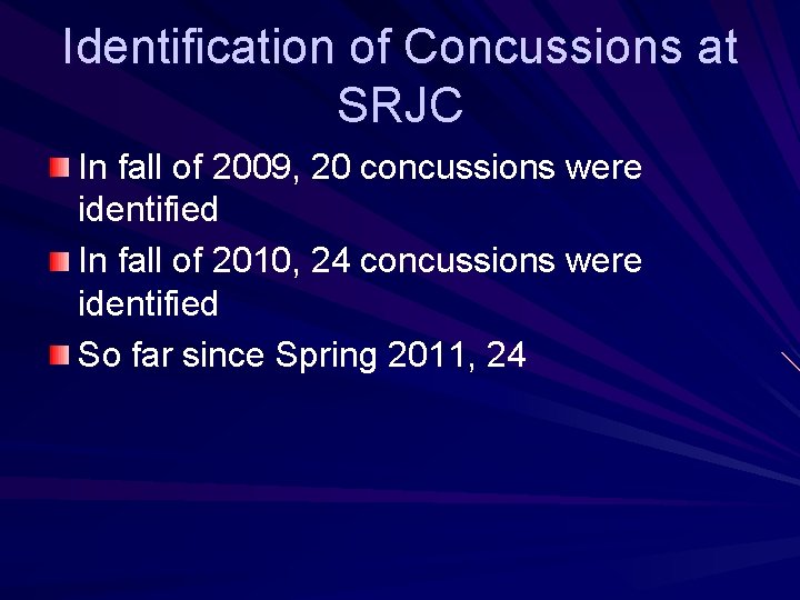 Identification of Concussions at SRJC In fall of 2009, 20 concussions were identified In
