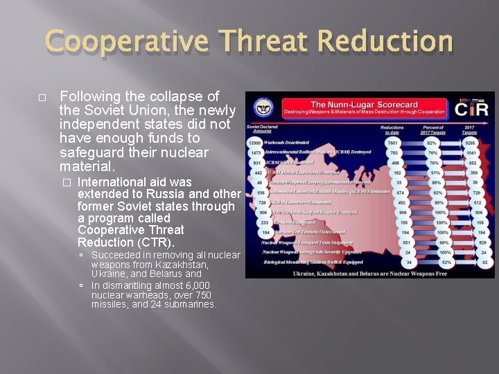 Cooperative Threat Reduction � Following the collapse of the Soviet Union, the newly independent