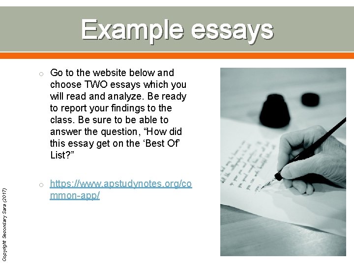 Example essays o Go to the website below and Copyright Secondary Sara (2017) choose