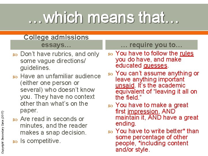 …which means that… College admissions essays… Copyright Secondary Sara (2017) Don’t have rubrics, and