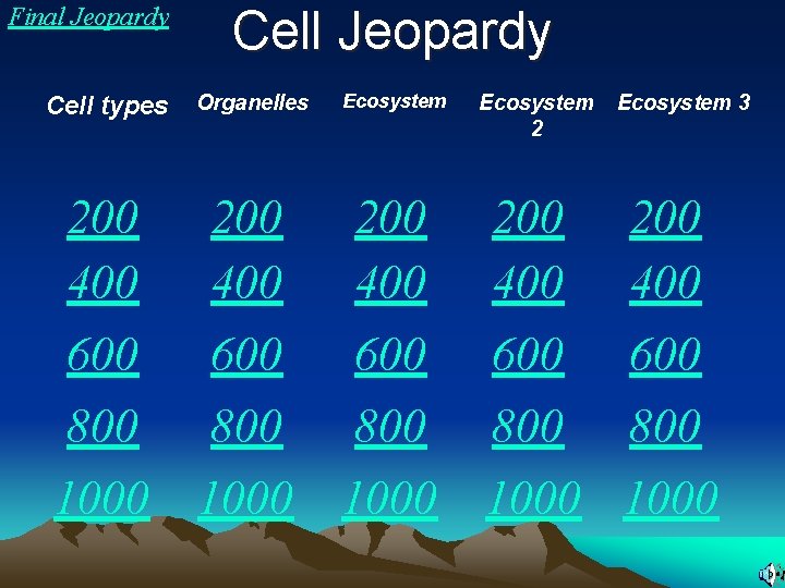 Final Jeopardy Cell types Organelles Ecosystem 200 400 600 800 1000 600 800 1000