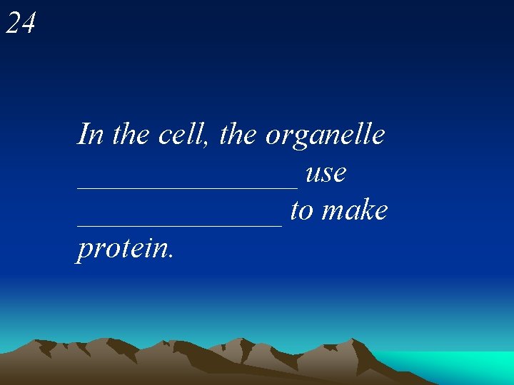 24 In the cell, the organelle _______ use _______ to make protein. 
