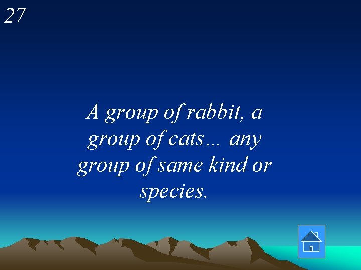 27 A group of rabbit, a group of cats… any group of same kind