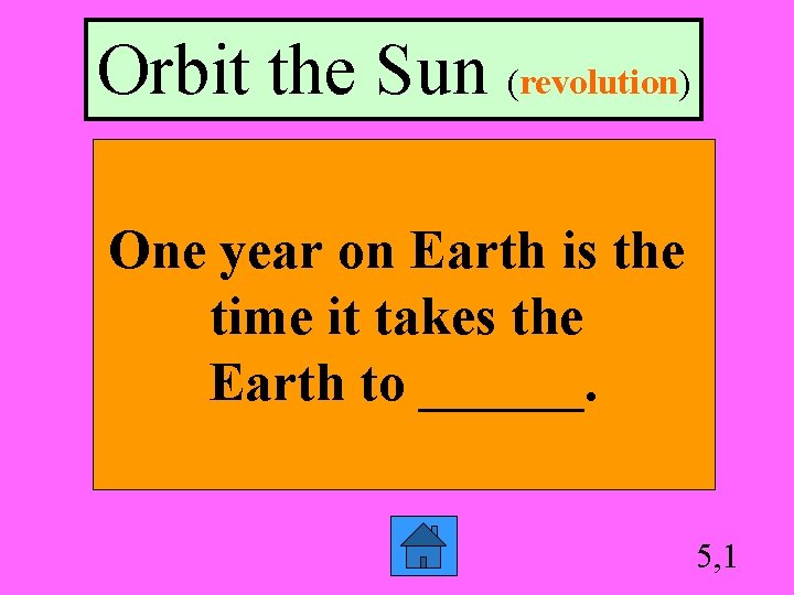 Orbit the Sun (revolution) One year on Earth is the time it takes the