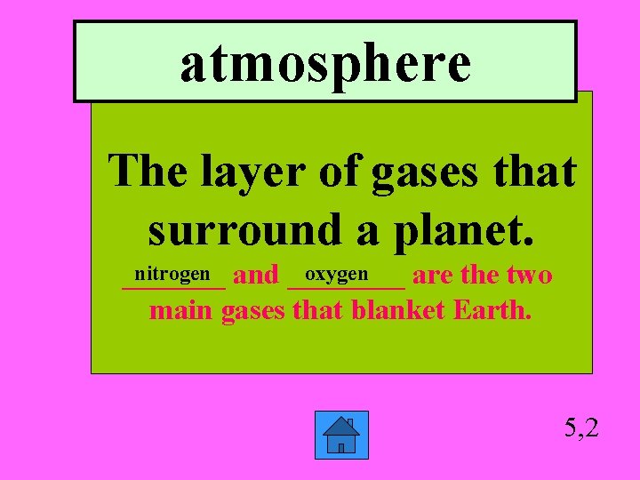 atmosphere The layer of gases that surround a planet. nitrogen and ____ oxygen _______