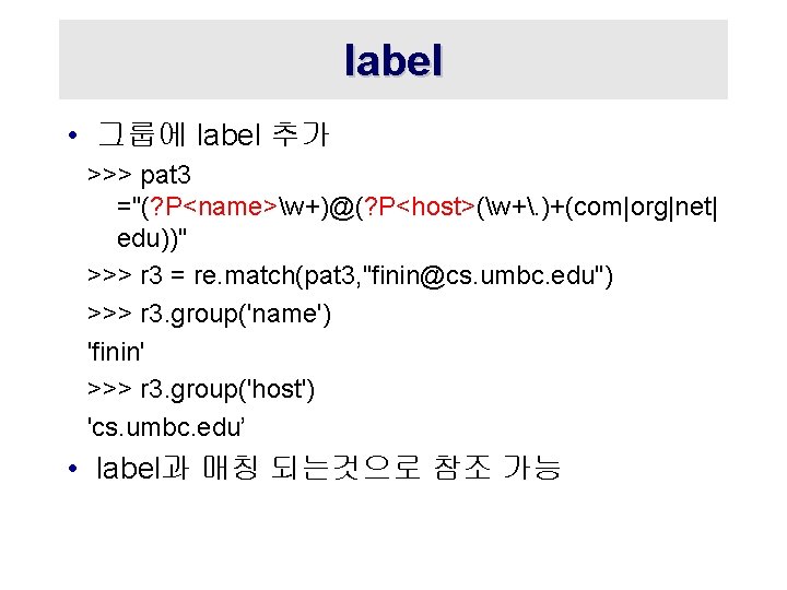 label • 그룹에 label 추가 >>> pat 3 ="(? P<name>w+)@(? P<host>(w+. )+(com|org|net| edu))" >>>