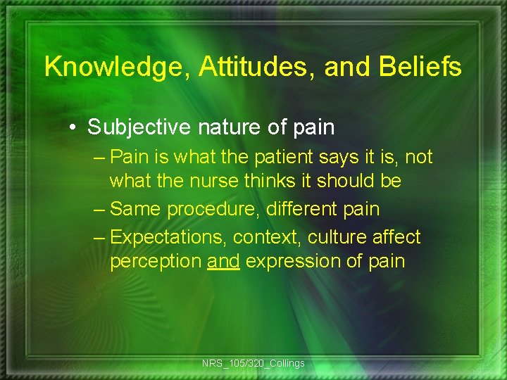 Knowledge, Attitudes, and Beliefs • Subjective nature of pain – Pain is what the