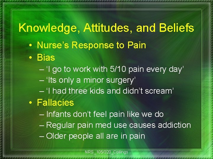 Knowledge, Attitudes, and Beliefs • Nurse’s Response to Pain • Bias – ‘I go