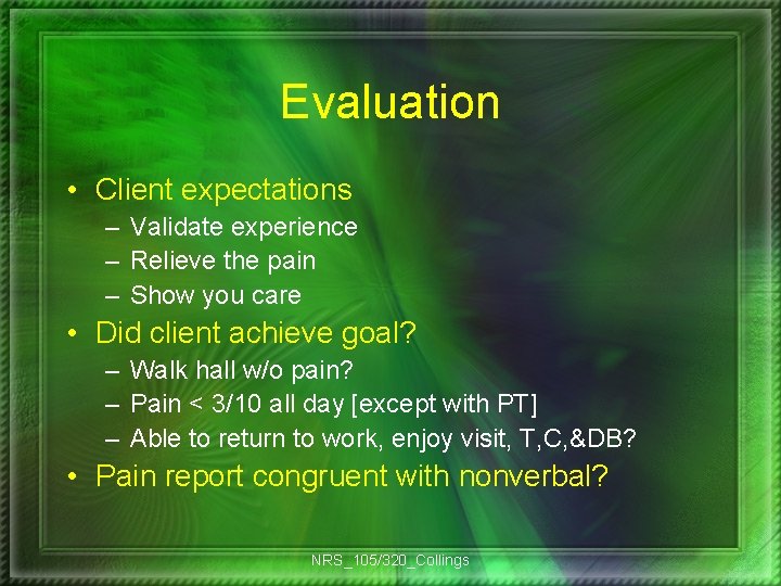 Evaluation • Client expectations – Validate experience – Relieve the pain – Show you