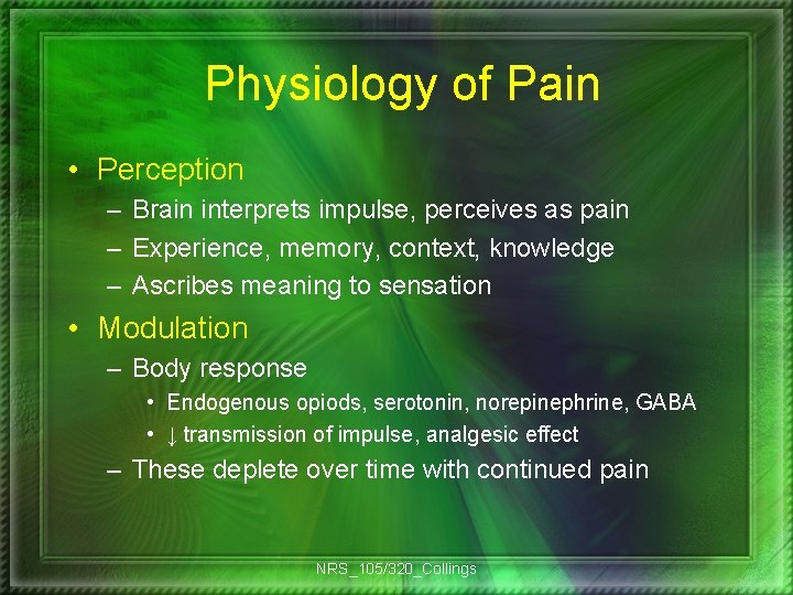 Physiology of Pain • Perception – Brain interprets impulse, perceives as pain – Experience,