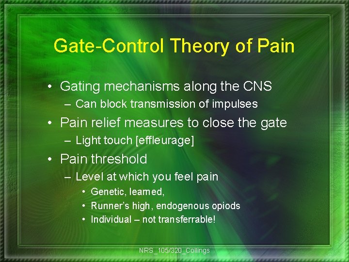 Gate-Control Theory of Pain • Gating mechanisms along the CNS – Can block transmission