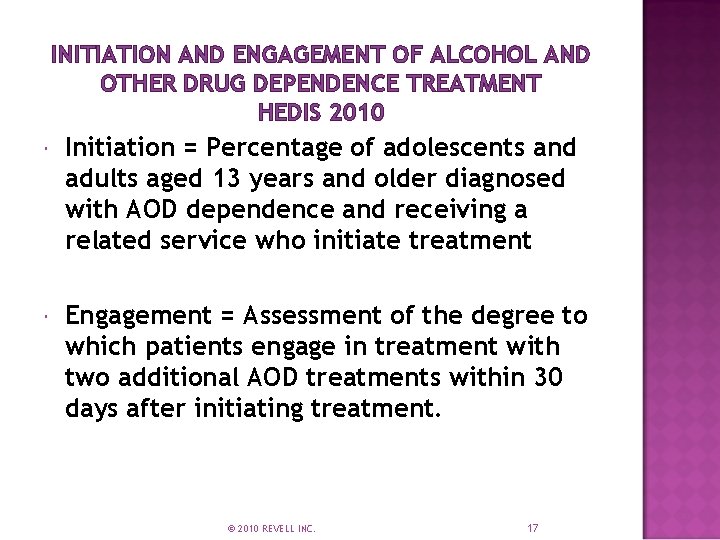 INITIATION AND ENGAGEMENT OF ALCOHOL AND OTHER DRUG DEPENDENCE TREATMENT HEDIS 2010 Initiation =