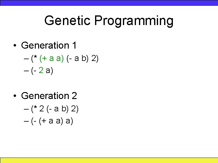 Genetic Programming • Generation 1 – (* (+ a a) (- a b) 2)