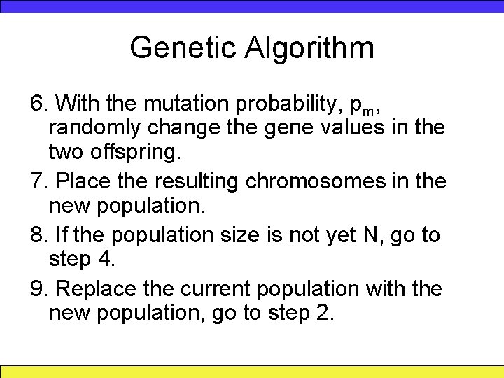 Genetic Algorithm 6. With the mutation probability, pm, randomly change the gene values in