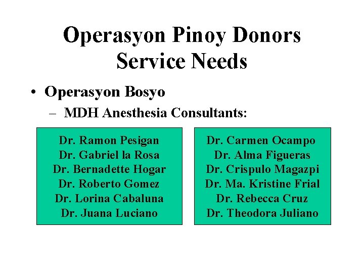 Operasyon Pinoy Donors Service Needs • Operasyon Bosyo – MDH Anesthesia Consultants: Dr. Ramon