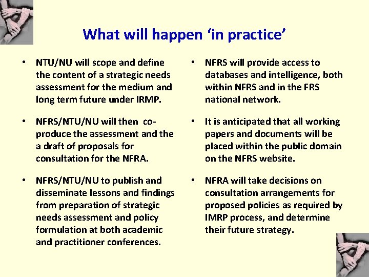 What will happen ‘in practice’ • NTU/NU will scope and define the content of