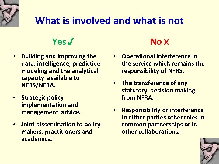 What is involved and what is not Yes • Building and improving the data,