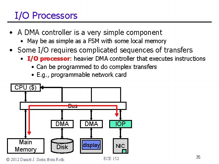 I/O Processors • A DMA controller is a very simple component • May be