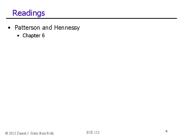 Readings • Patterson and Hennessy • Chapter 6 © 2012 Daniel J. Sorin from