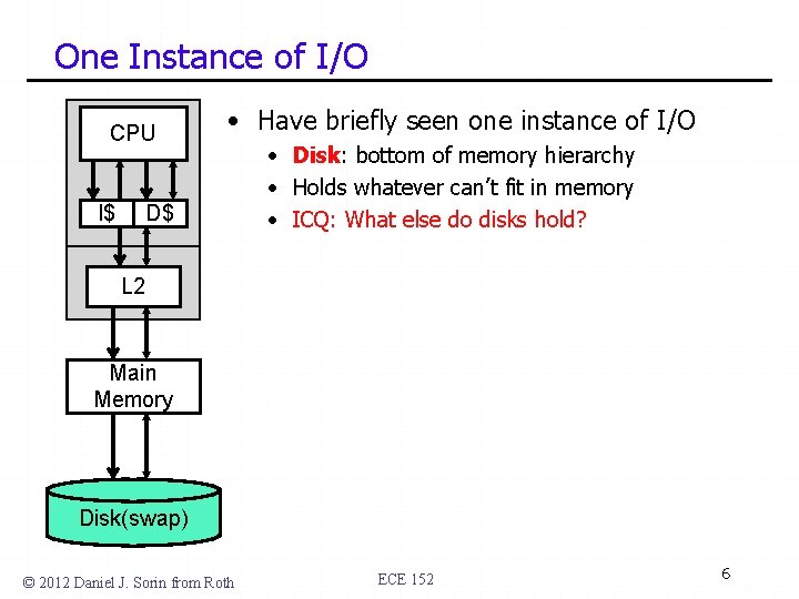 One Instance of I/O CPU I$ • Have briefly seen one instance of I/O