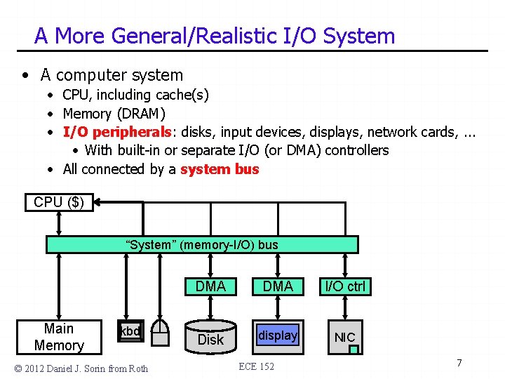 A More General/Realistic I/O System • A computer system • CPU, including cache(s) •