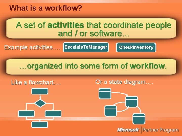 What is a workflow? A set of activities that coordinate people and / or