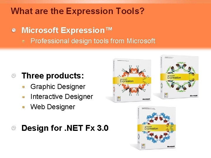 What are the Expression Tools? Microsoft Expression™ Professional design tools from Microsoft Three products: