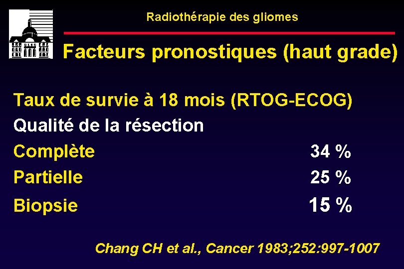 Radiothérapie des gliomes Facteurs pronostiques (haut grade) Taux de survie à 18 mois (RTOG-ECOG)
