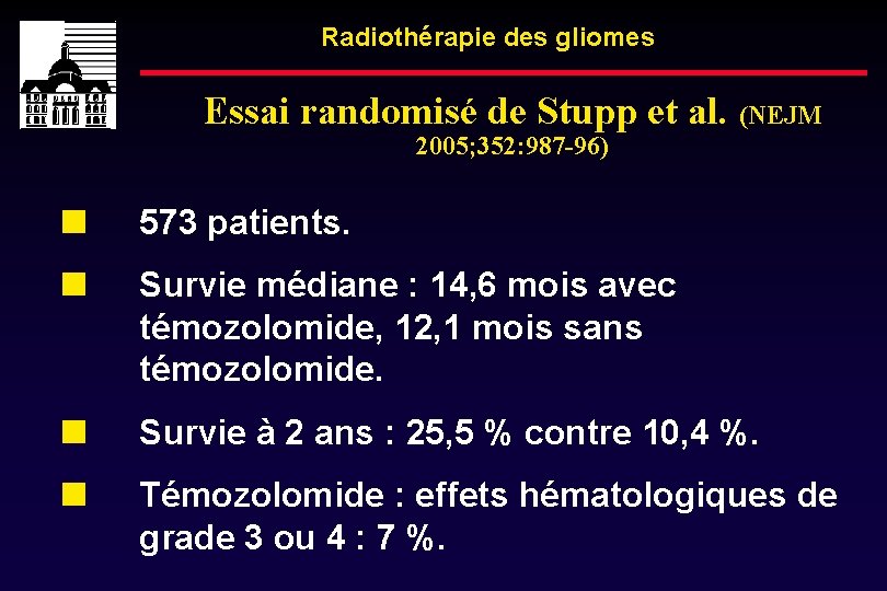 Radiothérapie des gliomes Essai randomisé de Stupp et al. (NEJM 2005; 352: 987 -96)