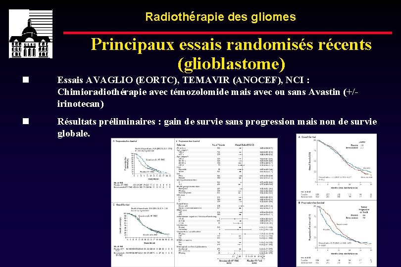 Radiothérapie des gliomes Principaux essais randomisés récents (glioblastome) n Essais AVAGLIO (EORTC), TEMAVIR (ANOCEF),