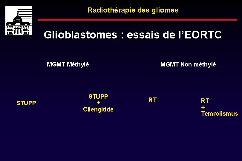 Radiothérapie des gliomes Glioblastomes : essais de l’EORTC MGMT Méthylé STUPP + Cilengitide MGMT