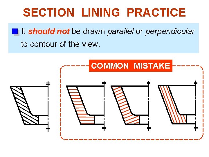 SECTION LINING PRACTICE It should not be drawn parallel or perpendicular to contour of