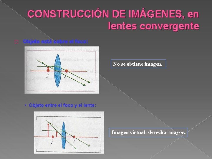 CONSTRUCCIÓN DE IMÁGENES, en lentes convergente � Objeto está sobre el foco: No se