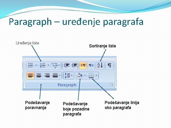 Paragraph – uređenje paragrafa Uređenje liste Podešavanje poravnanja Sortiranje liste Podešavanje boje pozadine paragrafa