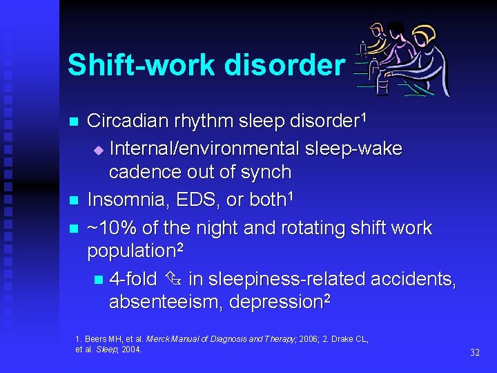 Shift-work disorder n n n Circadian rhythm sleep disorder 1 u Internal/environmental sleep-wake cadence