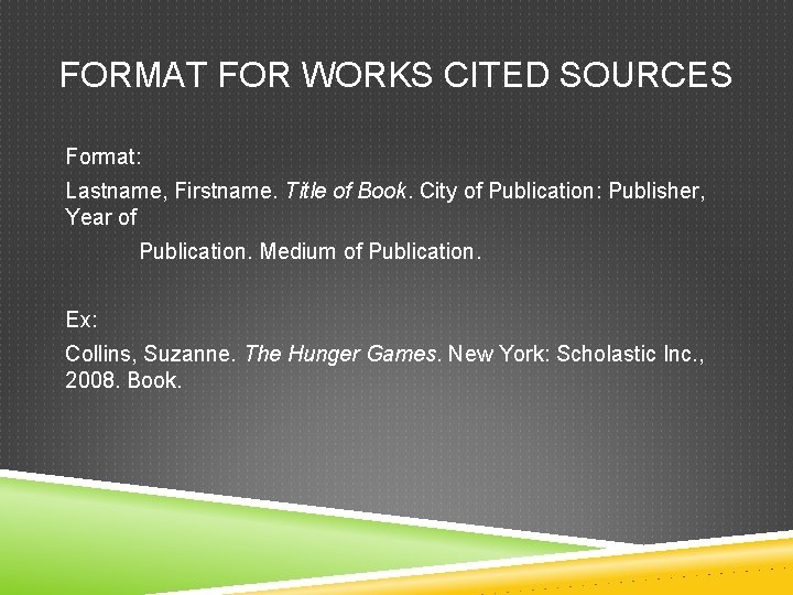 FORMAT FOR WORKS CITED SOURCES Format: Lastname, Firstname. Title of Book. City of Publication: