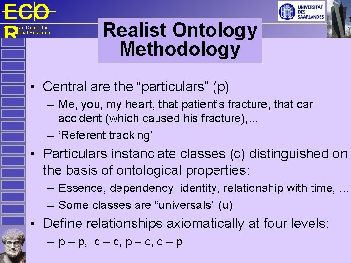 ECO R European Centre for Ontological Research Realist Ontology Methodology • Central are the