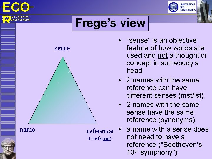 ECO R European Centre for Ontological Research Frege’s view sense name • “sense” is